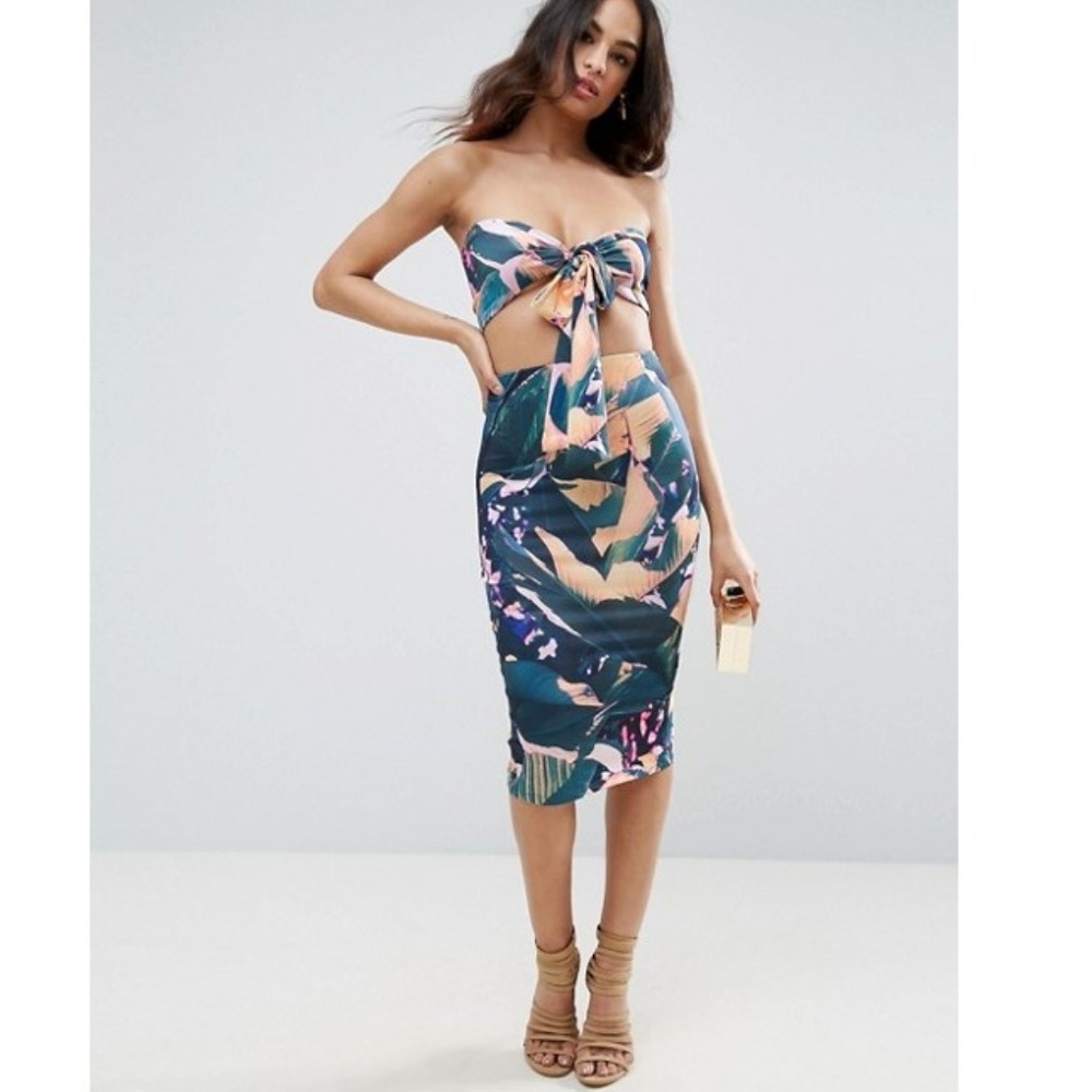 ASOS Bandeau Bow Front Tropical Midi Dress
